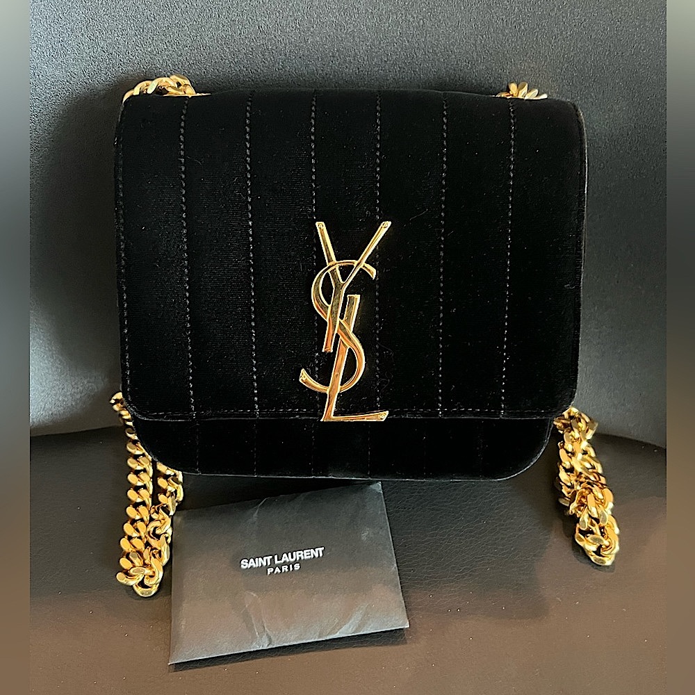 YSL BLACK QUILTED VELVET VICKY CROSSBODY